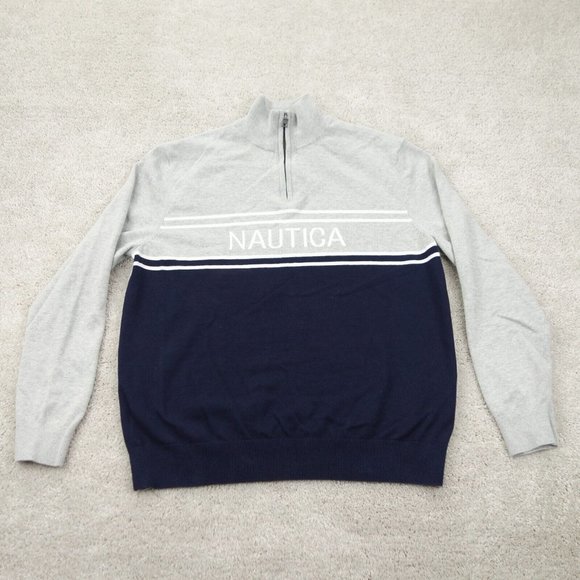 Nautica Sweater Mens Large Gray Blue Cotton Long Sleeve 1/4 Zip Mock Neck - Picture 1 of 9